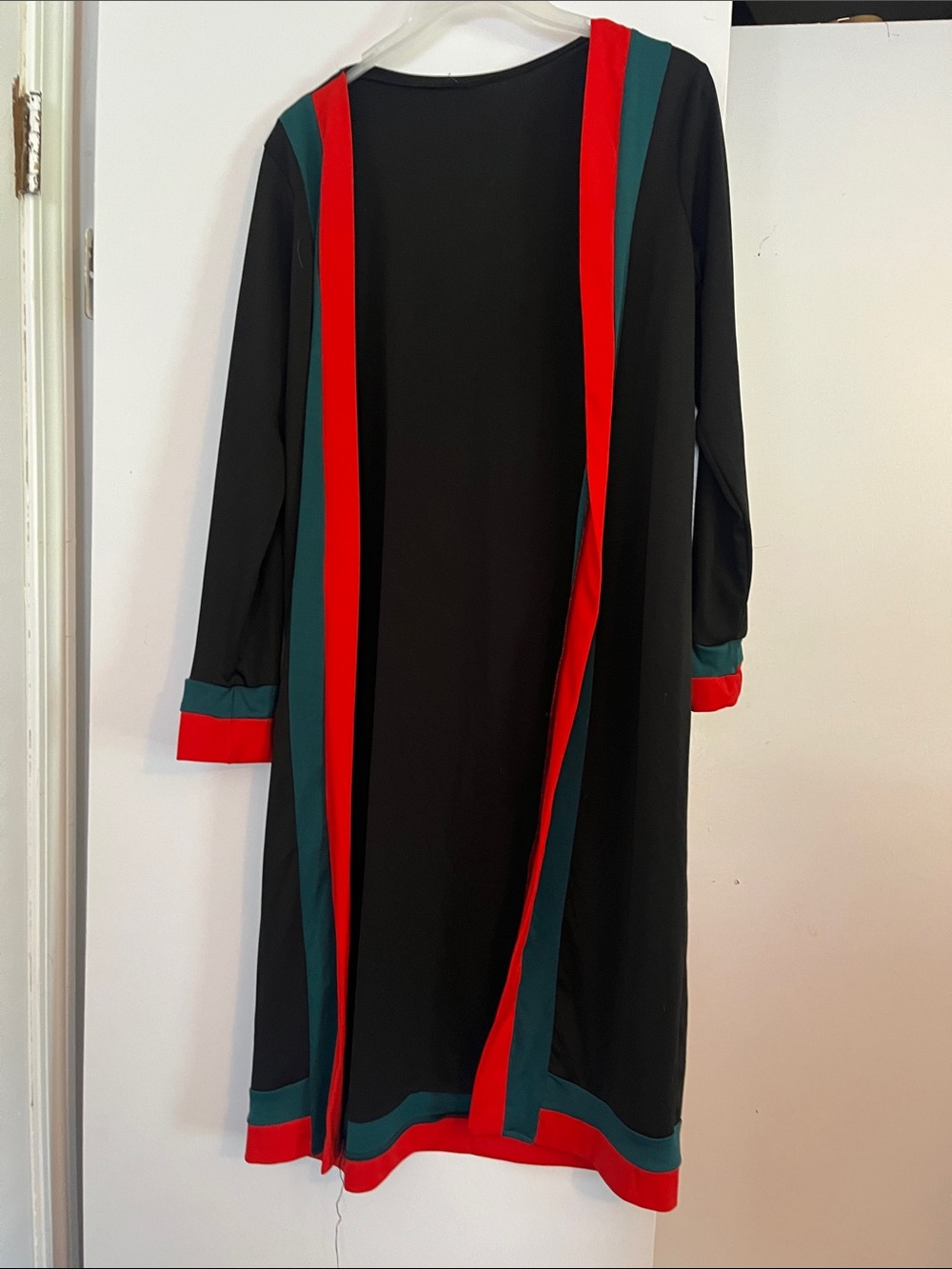 Black Long Sleeve Dress with Red and Teal Trim